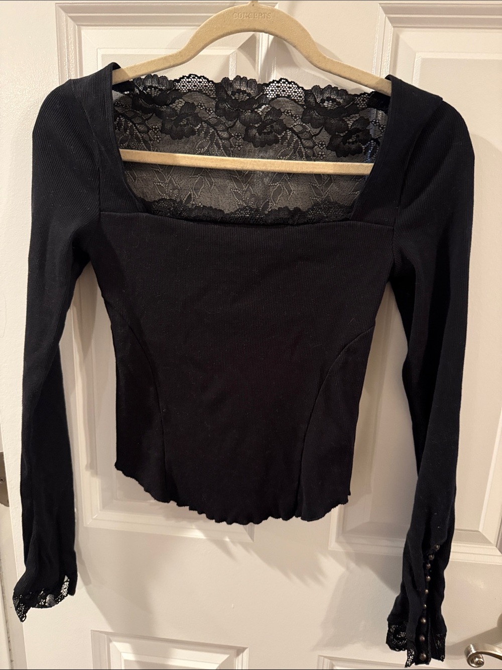 Free people Black Lace-Back Square Neck Long Sleeve Top